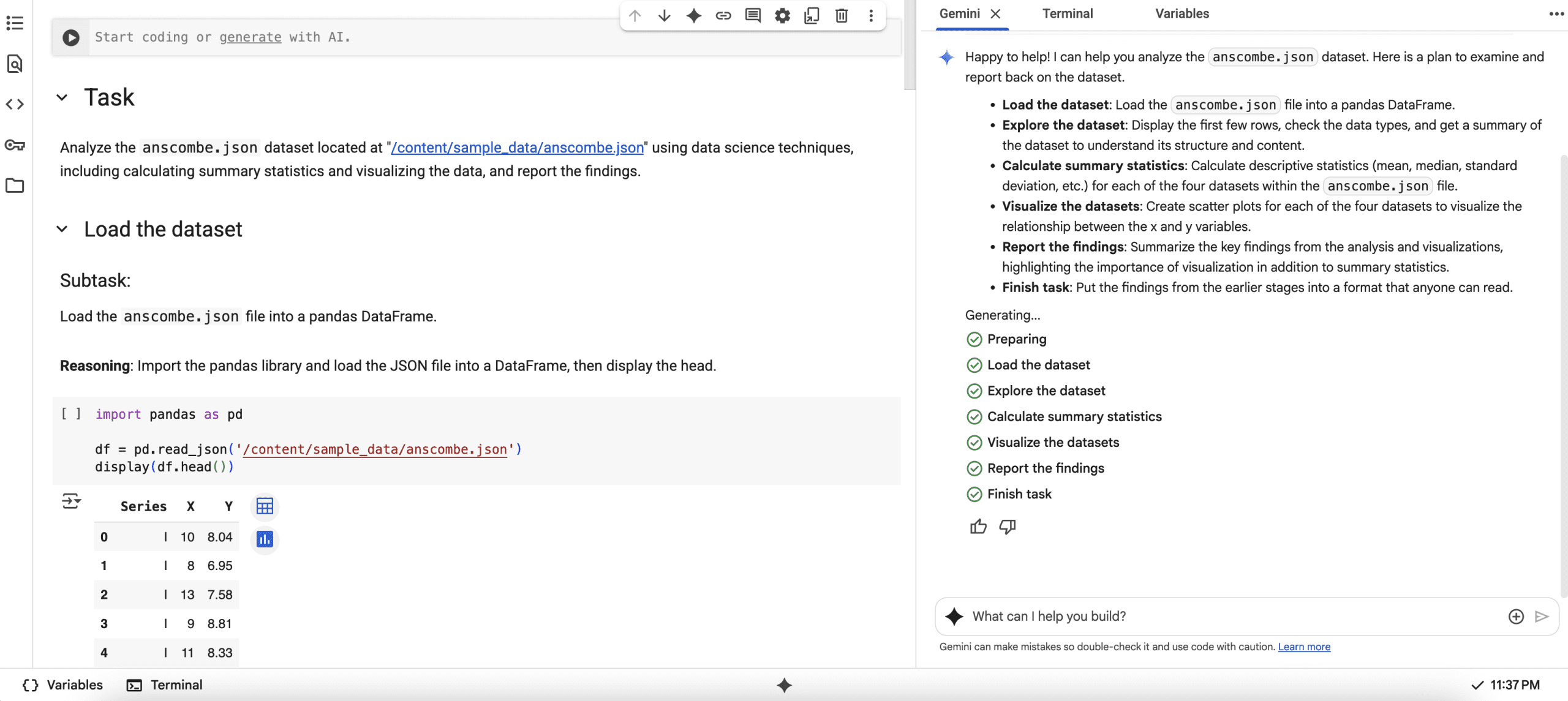 The new Google Colab UI with Gemini chat panel visible
